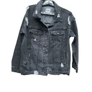 Khaki & Blue Women's Boyfriend Fit black Distressed jeans jacket. cotton. Size-S
